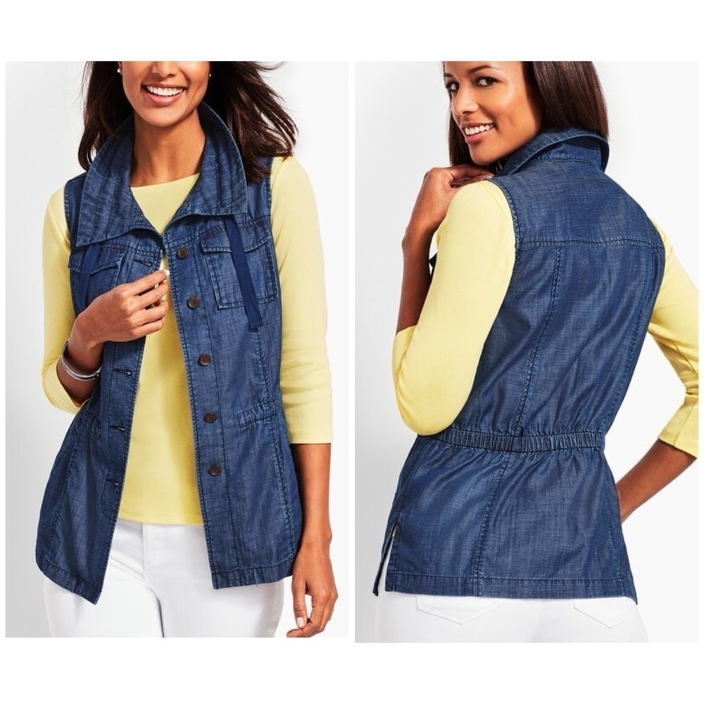 Talbots Denim Chambray Vest Teacher Career Layer Cinch Waist Linen petite medium